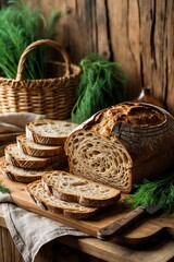 Artisan Sourdough Bread on Wooden Board with Fresh Dill