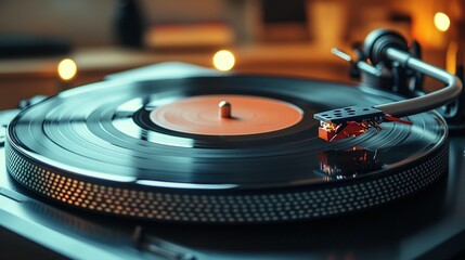Close-up of a vinyl record spinning on a turntable, warm lighting in the background.