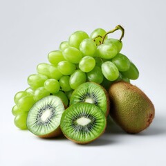 Fototapeta premium A bunch of green grapes and several kiwi fruits on a plain white surface view