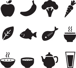 Set of healthy food icon silhouette on white background.
