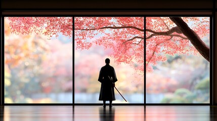 Fototapeta premium Contemplative figure by autumn window