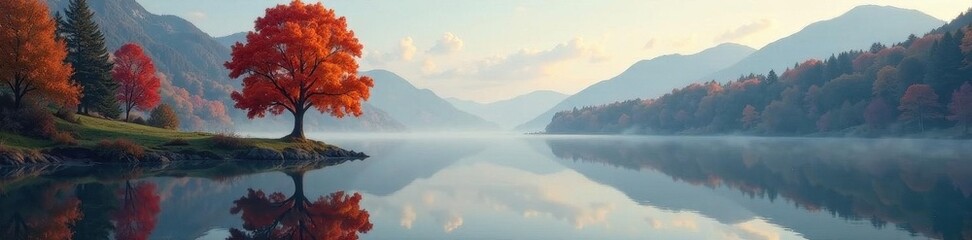 Lonely tree reflected in still lake water, vibrant autumn colors, water, clouds, colors