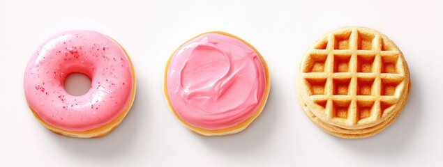 Pink frosted donuts and a waffle