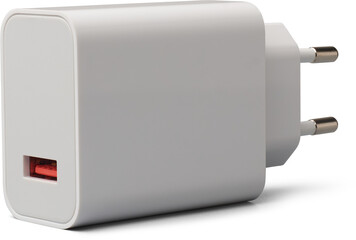 two pin power adapter plug with single usb port isolated white background, standard european style...
