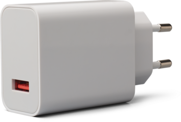 two pin power adapter plug with single usb port isolated white background, standard european style prongs used in charging small electronic devices like phones