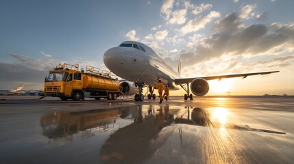 Aircraft being refueled on the runway at sunrise with two ground crew members walking underneath the plane during airport maintenance operations.
