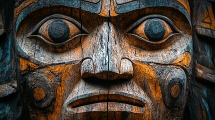 Close-up of a weathered, intricately carved wooden mask depicting a Native American face with intense eyes and detailed facial features.