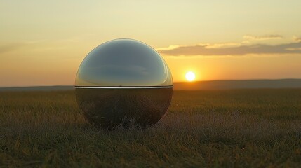 Hyperrealistic Cosmic Sunset with Glowing Sphere in Field