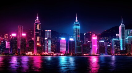 Obraz premium Vibrant neon Hong Kong skyline at night
