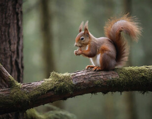 red squirrel on a tree branch in the forest