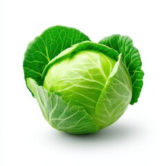 Fototapeta premium Close up of a fresh green cabbage with leaves isolated against a white space