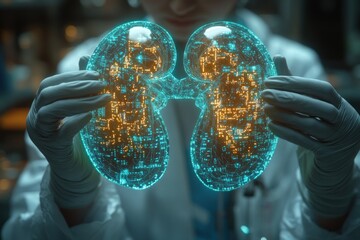 Futuristic doctor examining glowing kidney hologram with digital data overlays in sterile lab environment focused on kidney disease diagnosis and advanced medical technology