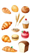 Eco-Friendly Bakery White Background A delightful assortment of baked goods including croissants, bread, macarons, and desserts showcasing a range of textures and colors.