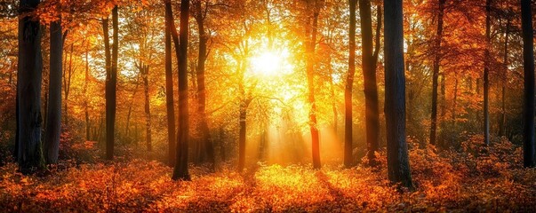 Obraz premium Autumn Forest with Golden Leaves and Sunlight