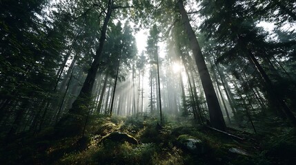 Fototapeta premium Sunlight piercing misty forest canopy