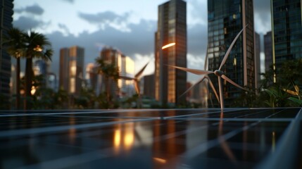 Naklejka premium Solar panels on rooftop, futuristic city, wind turbines, sunset