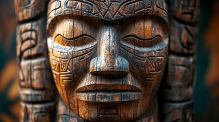 Close-up of a weathered wooden totem pole carving depicting a serene face with intricate details and traditional patterns.
