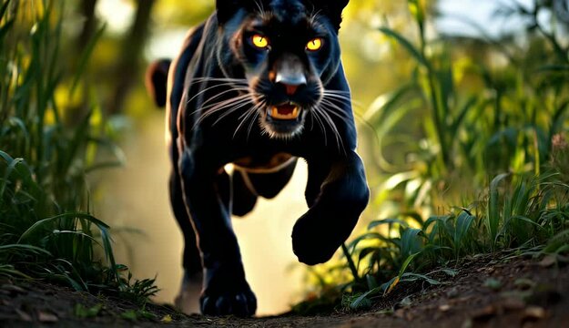 A black panther in its natural habitat, running through a lush forest.  The lighting and composition create a powerful image.
