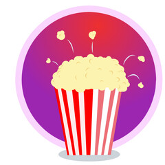 an illustration of popcorn in a red and white striped box. some popcorn is seen popping up. with a light purple gradation round background. Fit for movie theater promotion.