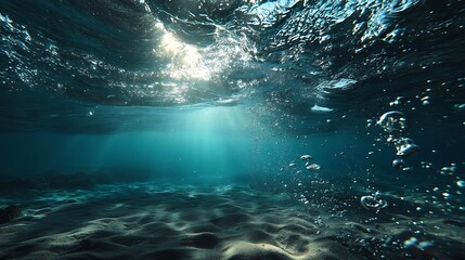 Obraz premium Sunlight piercing the ocean's depths. A tranquil underwater scene with sunlight filtering through the surface. Bubbles rising to the surface. Dark sand bottom