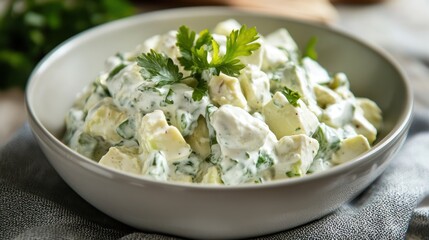 Creamy avocado salad with fresh parsley served in a rustic ceramic bowl