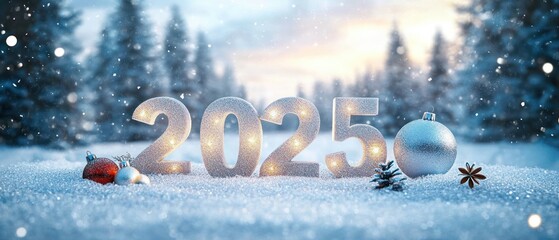 2025 winter landscape with snow festive ornaments Christmas trees blue lighting new year celebration