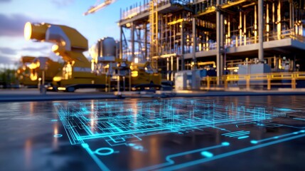 Futuristic industrial facility blueprint overlaid on construction site