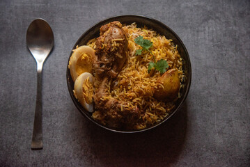 Mughal cuisine Biryani served in a bowl on a background. Top view, selective focus.