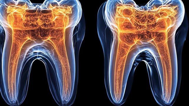 Detailed 3D rendering of two molar teeth showing root canals and internal structures with glowing orange highlights against black backdrop
