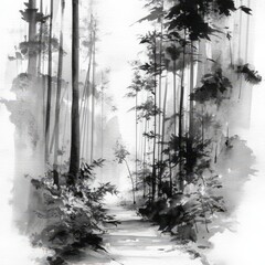 A serene Chinese forest path rendered in moody ink wash line art, showcasing delicate brushstrokes and a transparent background design style.