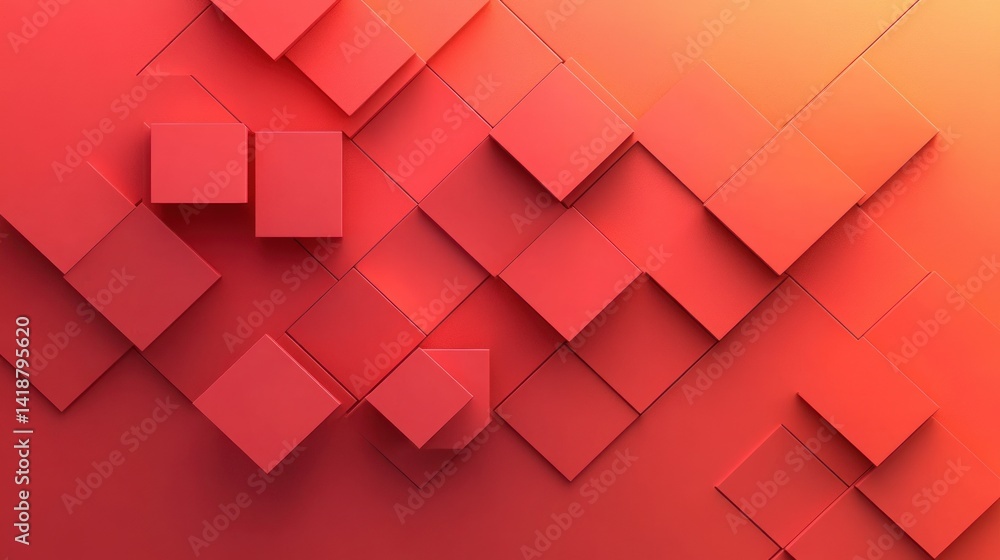 Poster coral red 3d geometric background with isometric tiles and negative space minimalistic design