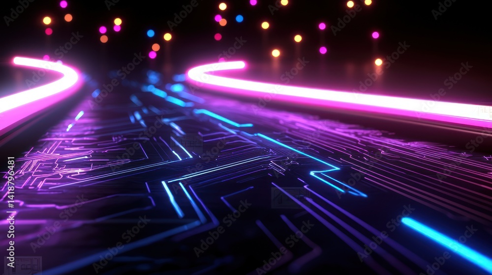 Canvas Prints neon circuit paths in futuristic roadway