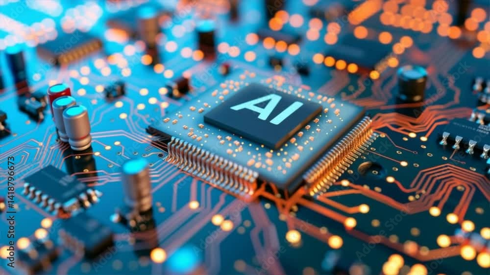Aufkleber close-up of an ai microchip on a circuit board showcasing technology advancement and innovation.