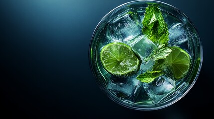 A high-angle shot of a refreshing mojito with lime, mint, and ice cubes in a clear glass digital