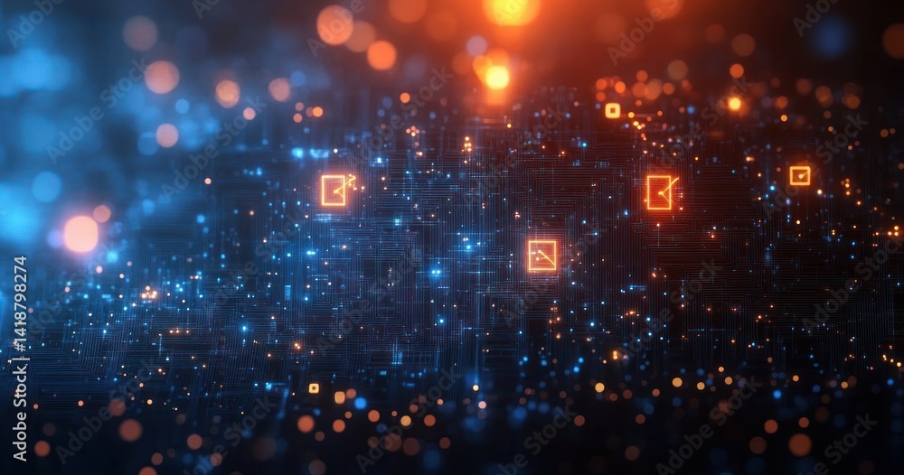 Poster futuristic digital network with glowing circuit patterns neon blue and golden lights ultra realistic