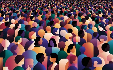 Obraz premium This vibrant illustration depicts a vast and densely packed crowd of stylized human figures viewed from a high angle.