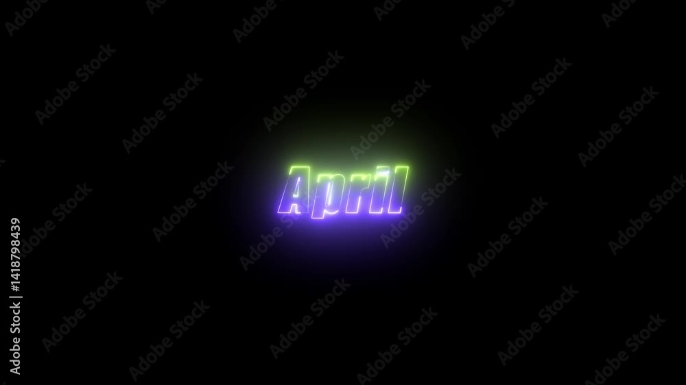 Poster Neon effect April text animation on black background. Neon shine month name April text icon video. Neon April text seamless loop 4k motion graphic video.