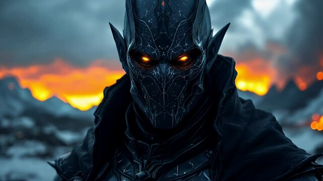 A dramatic cosplay portrayal of a dark lord, intense gaze, fiery mountain backdrop.