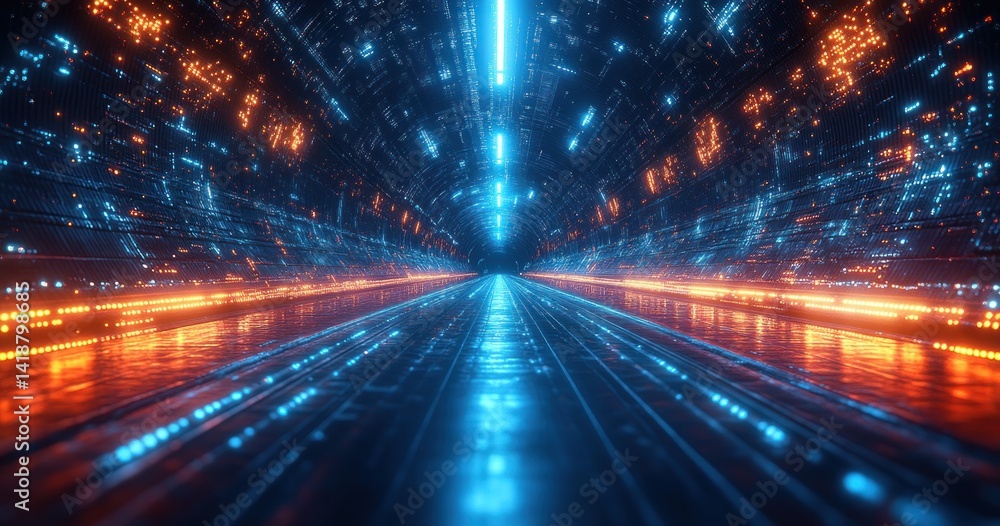 Poster glowing blue neon lines weaving through cyberspace in a futuristic 3d network with dynamic perspecti