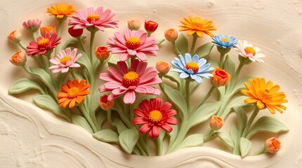 Textured Floral Relief: Vibrant Pink, Orange, and Blue Flowers Sculpted on a Cream Surface

