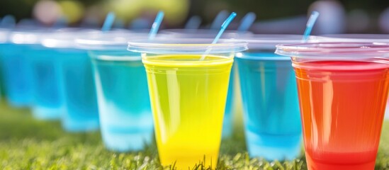 Refreshing vibrant beverage lineup in plastic cups on sunlit grass backdrop
