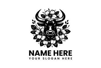 Powerful Bull in Floral Design: A strong bull is depicted in a floral setting, symbolizing strength, resilience, and natural harmony.