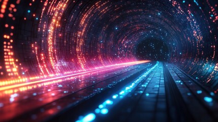 Futuristic digital data stream with neon blue and pink holographic elements in cyberpunk style depicting high-speed internet network connections and advanced technology