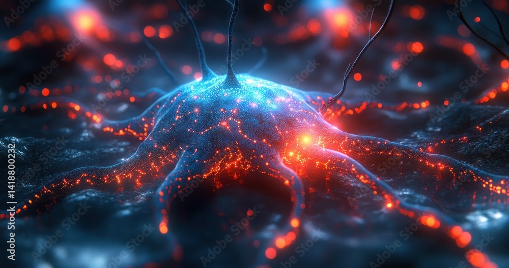 Aufkleber futuristic neural network visualization with circuit patterns glowing blue and red lights cybersecur