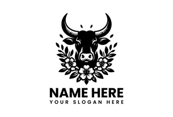 Strength and Serenity: A stoic bull, adorned with floral elements, embodies a logo representing resilience, stability, and organic beauty. A design for power and elegance.