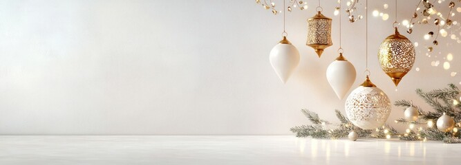 Elegant White Gold Arabian Lanterns Islamic New Year Holiday Decoration