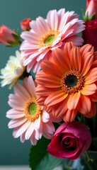Close-up shot of a mixed bouquet of colorful flowers, botanical, macro, bouquet