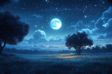 serene summer night landscape with starry sky and moonlit grassy field