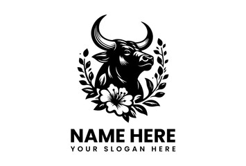 Strength and Serenity: A stoic bull, adorned with floral elements, embodies a logo representing resilience, stability, and organic beauty. A design for power and elegance.