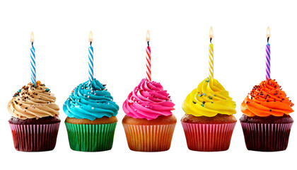 Multicolor happy birthday cupcakes isolated on transparent background